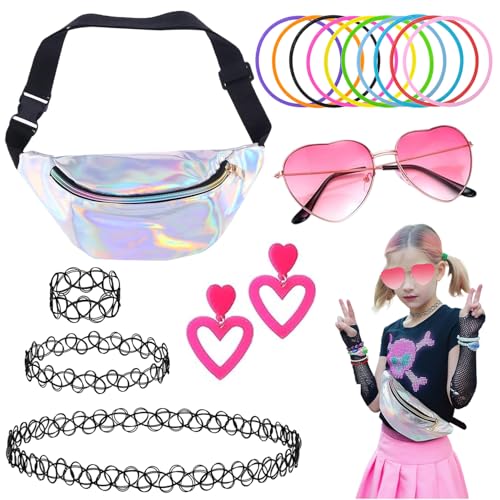 90er Jahre Outfit Damen,90er Jahre Kostüm Kleidung Accessoires,90s Retro Outfit Women Festival Hippie Accessoires mit Halskette,Rosa Herz Sonnenbrille,Silber Bauchtasche,Handgelenkband für Neon Party 90er Jahre Outfit Damen,90er Jahre Kostüm Kleidung Accessoires,90s Retro Outfit Women Festival Hippie Accessoires mit Halskette,Rosa Herz Sonnenbrille,Silber Bauchtasche,Handgelenkband für Neon Party von KEUGT