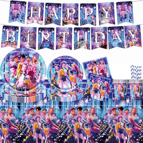 62 Pcs Partygeschirr K-pop Geburtstagsdeko, Huntrix Geburtstag Geschirr Set Partyzubehör, Pappteller Serviette Becher Tischdecke, Kindergeburtstag Tischdeko für Anime-Fans Jungen Mädchen (Blau) von KEVRDRT
