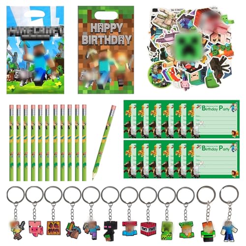 KEVRDRT 106 Pcs Videospiel Party Mitgebsel, Miner Kindergeburtstag Gastgeschenke mit Einladungskarten Schlüsselanhänger Geschenktüten Aufkleber Bleistift, Gamer Theme Party Zubehör von KEVRDRT