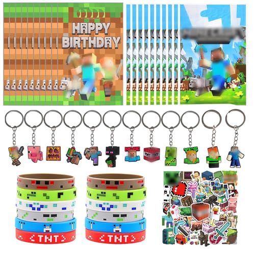KEVRDRT Miner Videospiel Party Mitgebsel, 94 Pcs Pixel Party Mitgebsel Kinde, Miner Kindergeburtstag Gastgeschenke mit Aufkleber Schlüsselanhänger Armband Geschenktüten, Gamer Theme Party Zubehör von KEVRDRT