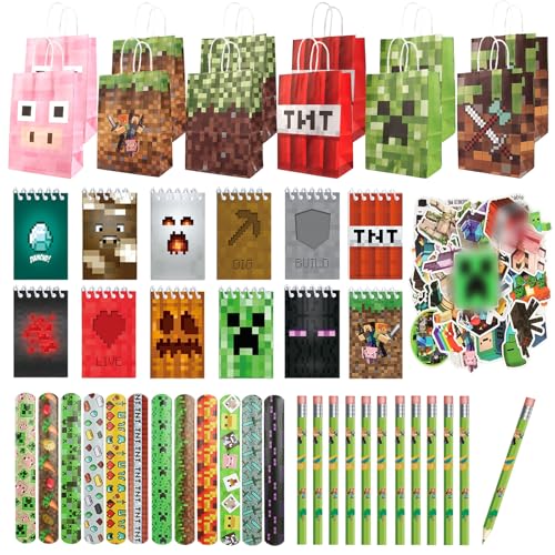 KEVRDRT Miner Videospiel Party Mitgebsel, 98 Pcs Videospiel Spiel Kindergeburtstag Gastgeschenke, Gamer Theme Party Zubehör mit Geschenktüten Notizbuch Armband Aufkleber Bleistift von KEVRDRT