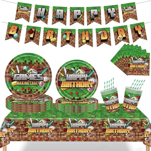 Miner Partygeschirr Geburtstag, 62 Pcs Spiel PartyGeschirr Geburtstagsdeko, Pappteller Serviette Becher Tischdecke für Jungen Kindergeburtstag Party Supplies, Videospiele Kindergeburtstag Tischdeko von KEVRDRT