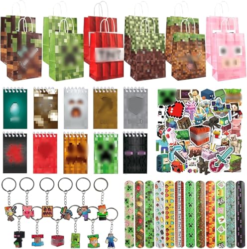 Videospiel Party Mitgebsel, 96 Pcs Miner Kindergeburtstag Gastgeschenke, Give Aways Mitgebsel mit Schlüsselanhänger Notizbuch Aufkleber Spiel Armbänder Geschenktüten, Gamer Theme Party Zubehör von KEVRDRT