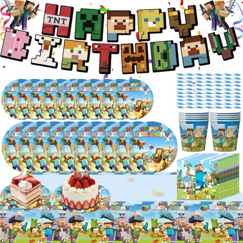 Videospiele Partygeschirr Geburtstag, 62 Pcs Miner Partygeschirr Geburtstagsdeko, Pappteller Serviette Becher Tischdecke für Jungen Kindergeburtstag Partyzubehör, Spiel Geschirr Geburtstagsdeko Videospiele Partygeschirr Geburtstag, 62 Pcs Miner Partygeschirr Geburtstagsdeko, Pappteller Serviette Becher Tischdecke für Jungen Kindergeburtstag Partyzubehör, Spiel Geschirr Geburtstagsdeko von KEVRDRT