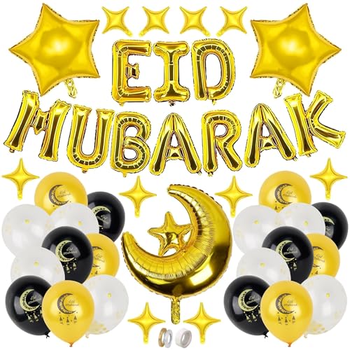 43 Stück Eid Mubarak Dekoration Gold Eid Deko Ramadan Ballons Bayram Deko Luftballons Set Folienballons Latexballons für Zuckerfest Muslim Ramadan Kareem Dekoration von KEYIDO