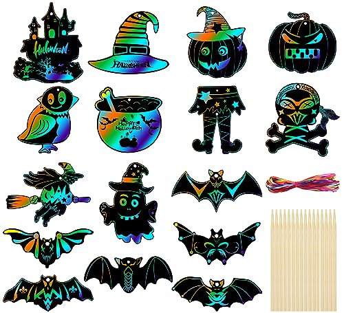 AWCIGG 48 Stück Halloween Basteln Halloween Mitgebse für Kinder Halloween Kratzbilder Set für Deko Kindergeburtstag mit 48 Bunte Bänder und 24 Holzstift von KEYIDO