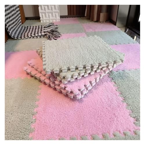 Ineinandergreifende Plüsch-Schaumstoffmatte, Plüsch-Puzzle-Steckfliesen mit Kanten, quadratische Schaumstoffmatten (30,5 x 30,5 cm)(Light Green+pink) von KEuLen