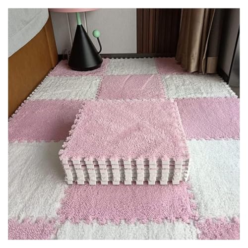 Ineinandergreifende Plüsch-Schaumstoffmatte, Plüsch-Puzzle-Steckfliesen mit Kanten, quadratische Schaumstoffmatten (30,5 x 30,5 cm)(Light red+White) von KEuLen