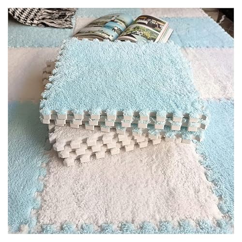Ineinandergreifende Plüsch-Schaumstoffmatte, Plüsch-Puzzle-Steckfliesen mit Kanten, quadratische Schaumstoffmatten (30,5 x 30,5 cm)(Lightblue+White) von KEuLen