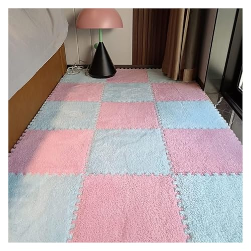 Ineinandergreifende Plüsch-Schaumstoffmatte, Plüsch-Puzzle-Steckfliesen mit Kanten, quadratische Schaumstoffmatten (30,5 x 30,5 cm)(Lightblue+pink) von KEuLen
