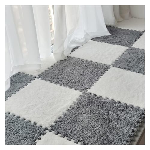 Ineinandergreifende Plüsch-Schaumstoffmatte, Plüsch-Puzzle-Steckfliesen mit Kanten, quadratische Schaumstoffmatten (30,5 x 30,5 cm)(White Gray) von KEuLen