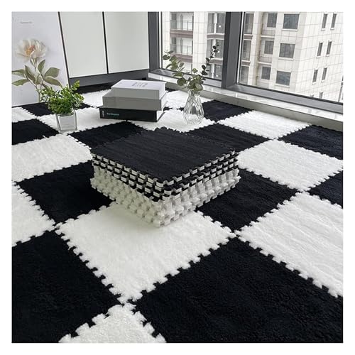 Ineinandergreifende Plüsch-Schaumstoffmatte, Plüschige ineinandergreifende Schaumstoff-Teppichfliesen, Puzzlematte mit Rand(Black+White,1cm) von KEuLen