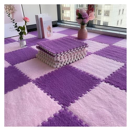 Ineinandergreifende Plüsch-Schaumstoffmatte, Plüschige ineinandergreifende Schaumstoff-Teppichfliesen, Puzzlematte mit Rand(Dark Purple+Pink,0.6cm) von KEuLen