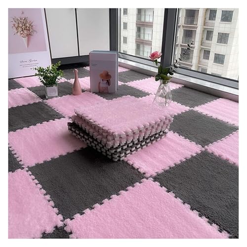 Ineinandergreifende Plüsch-Schaumstoffmatte, Plüschige ineinandergreifende Schaumstoff-Teppichfliesen, Puzzlematte mit Rand(Gray+pink,1cm) von KEuLen