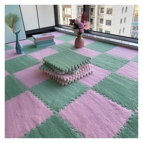 Ineinandergreifende Plüsch-Schaumstoffmatte, Plüschige ineinandergreifende Schaumstoff-Teppichfliesen, Puzzlematte mit Rand(Light Green Pink,0.6cm) von KEuLen
