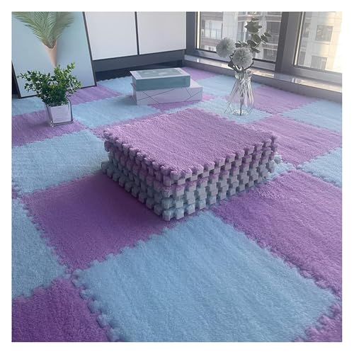 Ineinandergreifende Plüsch-Schaumstoffmatte, Plüschige ineinandergreifende Schaumstoff-Teppichfliesen, Puzzlematte mit Rand(Light Purple Blue,1cm) von KEuLen