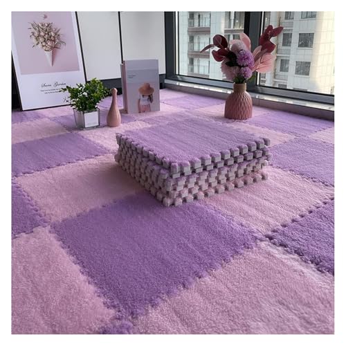 Ineinandergreifende Plüsch-Schaumstoffmatte, Plüschige ineinandergreifende Schaumstoff-Teppichfliesen, Puzzlematte mit Rand(Light Purple Pink,0.6cm) von KEuLen