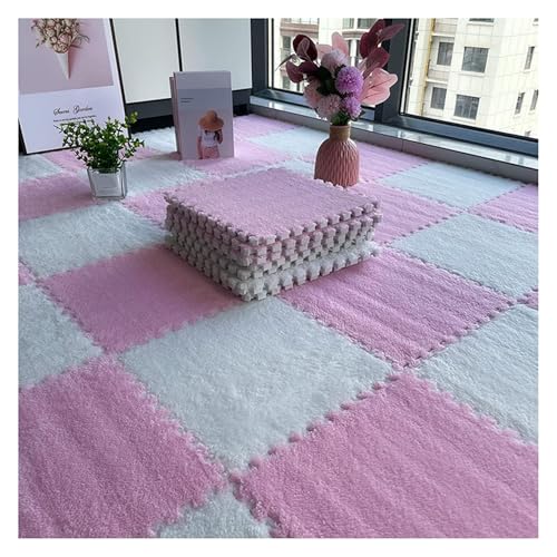 Ineinandergreifende Plüsch-Schaumstoffmatte, Plüschige ineinandergreifende Schaumstoff-Teppichfliesen, Puzzlematte mit Rand(Pink White,1cm) von KEuLen