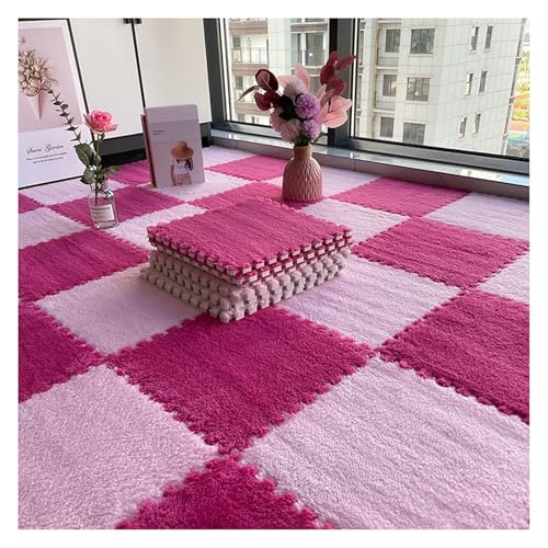 Ineinandergreifende Plüsch-Schaumstoffmatte, Plüschige ineinandergreifende Schaumstoff-Teppichfliesen, Puzzlematte mit Rand(Rose+pink,1cm) von KEuLen