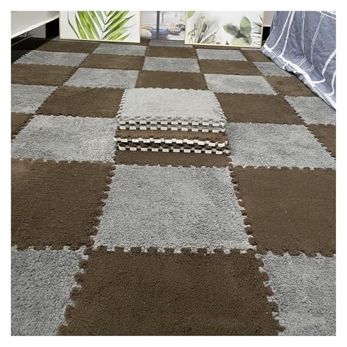 Ineinandergreifende Plüsch-Schaumstoffmatte, Plüschteppich for den Keller, quadratische Bodenfliesen-Spielmatte(Grey+Brown) von KEuLen