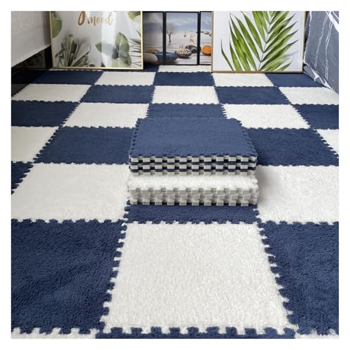 Ineinandergreifende Plüsch-Schaumstoffmatte, Plüschteppich for den Keller, quadratische Bodenfliesen-Spielmatte(Navy Blue+White) von KEuLen