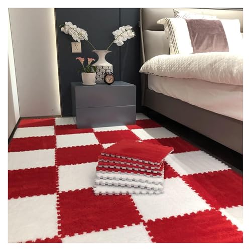 Ineinandergreifende Plüsch-Schaumstoffmatte, Plüschteppich for den Keller, quadratische Bodenfliesen-Spielmatte(Red+White) von KEuLen