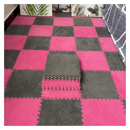 Ineinandergreifende Plüsch-Schaumstoffmatte, Plüschteppich for den Keller, quadratische Bodenfliesen-Spielmatte(Rose red+Grey) von KEuLen