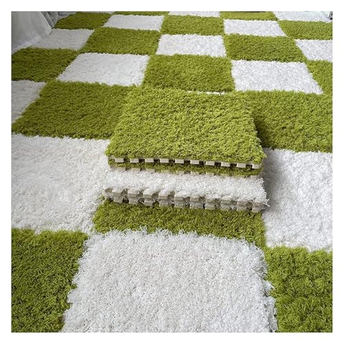 Ineinandergreifende Plüsch-Schaumstoffmatte, Quadratische ineinandergreifende Schaumstofffliesen, weiche Puzzle-Teppich-Spielmatte for den Zimmerboden(Green+White) von KEuLen