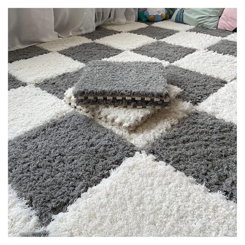 Ineinandergreifende Plüsch-Schaumstoffmatte, Quadratische ineinandergreifende Schaumstofffliesen, weiche Puzzle-Teppich-Spielmatte for den Zimmerboden(Grey+White) von KEuLen