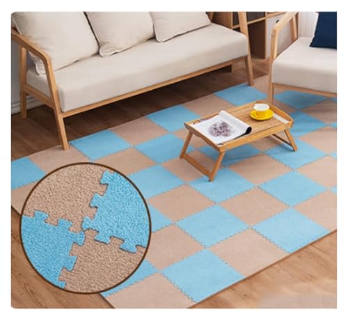 Ineinandergreifende Schaumstoff-Teppichfliesen, Kurze Plüsch-Schaumstoffmatten-Bunte Puzzlematte for Turnhallen-Spielzimmer-Dekoration(Khaki+Blue) von KEuLen