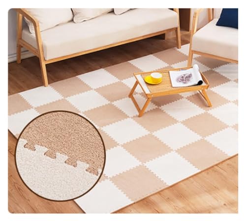 Ineinandergreifende Schaumstoff-Teppichfliesen, Kurze Plüsch-Schaumstoffmatten-Bunte Puzzlematte for Turnhallen-Spielzimmer-Dekoration(White+Khaki) von KEuLen
