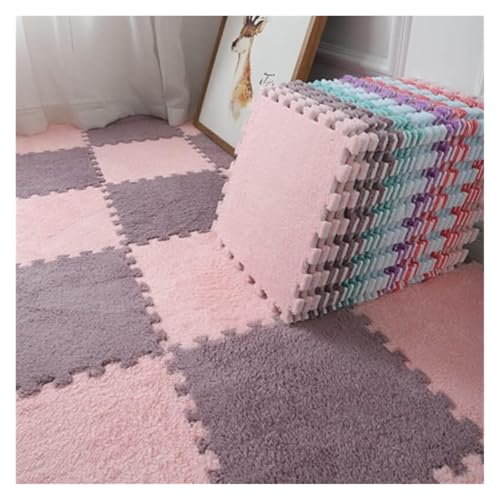 Ineinandergreifende Schaumstoff-Teppichfliesen, Quadratische ineinander greifende Fliesen mit Rand, weiche Kletterteppiche for die Dekoration des Spielzimmers zu Hause(Light red+Purple Gray) von KEuLen