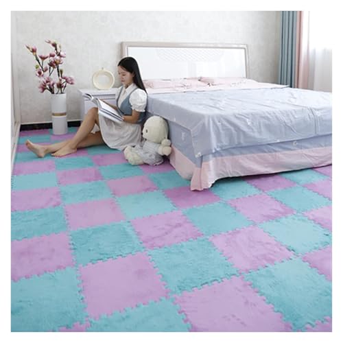 Ineinandergreifende Schaumstoff-Teppichfliesen, Quadratische ineinander greifende Fliesen mit Rand, weiche Kletterteppiche for die Dekoration des Spielzimmers zu Hause(Purple+Lightblue) von KEuLen