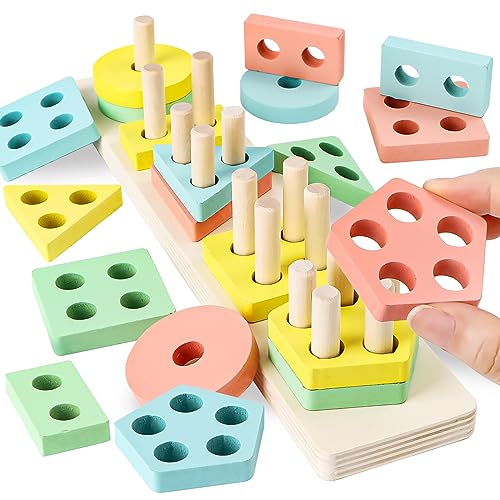 Montessori Spielzeug Geschenk für 1 2 3 4 Jahre alt - Hölzernes Sortier- und Stapelspielzeug Shape Sorter und Farbe Stacker Vorschule Kinder Weihnachten Geburtstag Geschenke von KFDDRN