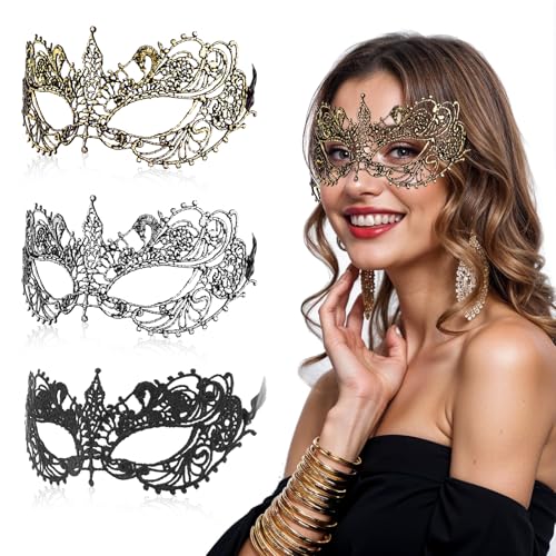 KFHENSOMR Maskerade-Maske für Damen, 3 Stück, für Erwachsene, Spitzen-Gesichtsmasken für Paare, Vintage-Masken, Ballmasken, Damen, Herren, Spitze, Kopfbedeckung, Verkleidung für Kostüme (Schwarz/Gold von KFHENSOMR