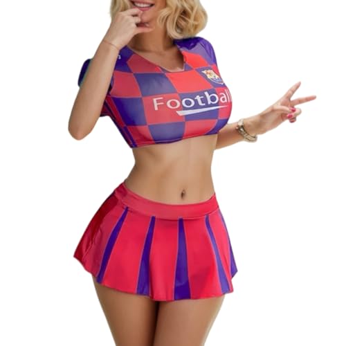 Cheerleader Kostüm Damen Cheerleadering Outfit Fancy Dress Uniform Kleid Minirock mit Crop Top Kleid Karneval Halloween (Rot, Einheitsgröße) von KFLY