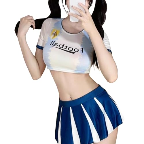 Cheerleader Kostüm Damen Cheerleadering Outfit Fancy Dress Uniform Kleid Minirock mit Crop Top Kleid Karneval Halloween (Weiß, Einheitsgröße) von KFLY