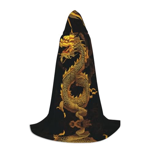 KFRXXZQB Chinesischer goldener gelber Drachen-Druck, Jugend-Kapuzenumhang – verstellbarer bedruckter Umhang für Halloween-Events, Schultheater und Kostüme, Größe L von KFRXXZQB
