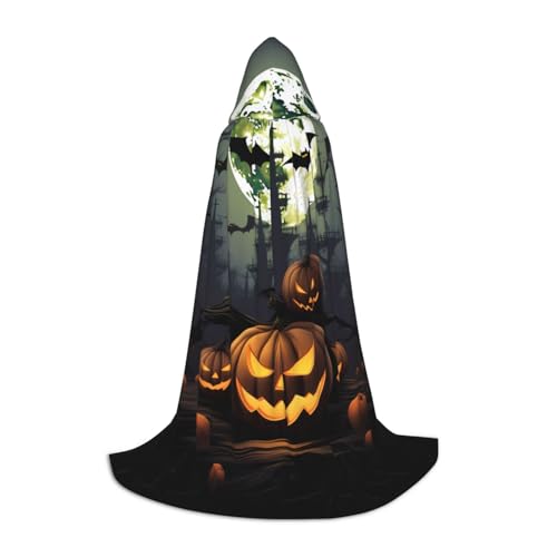 KFRXXZQB Halloween Mond Fledermaus Kürbis – Druck Jugend Kapuzenumhang – verstellbarer bedruckter Umhang für Halloween-Events, Schultheater und Kostüme, Größe M von KFRXXZQB
