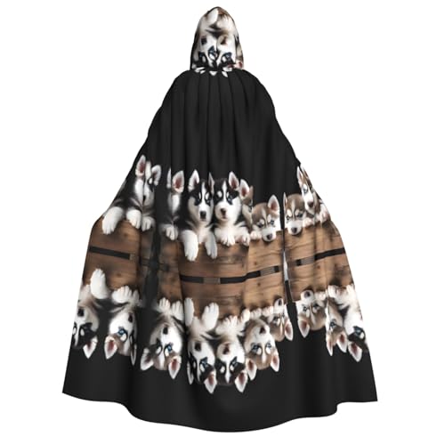 KFRXXZQB Husky Welpen-Hunde-Aufdruck, Halloween-Umhang mit Kapuze – Volldruck, Gothic-Umhang für Festivals, Larp-Events und Themenpartys mit maschinenwaschbarem Stoff von KFRXXZQB