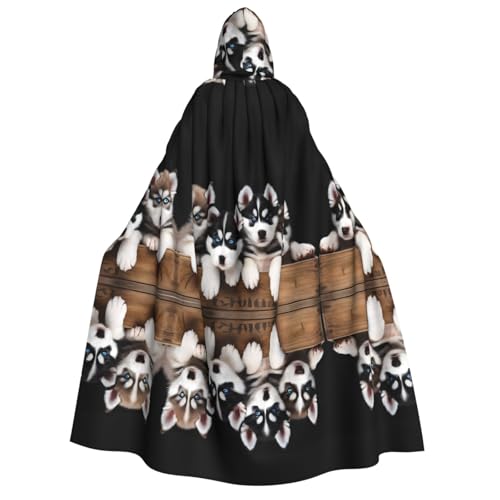 KFRXXZQB Husky Welpen-Hunde-Aufdruck, Halloween-Umhang mit Kapuze – Volldruck, Gothic-Umhang für Festivals, Larp-Events und Themenpartys mit maschinenwaschbarem Stoff von KFRXXZQB