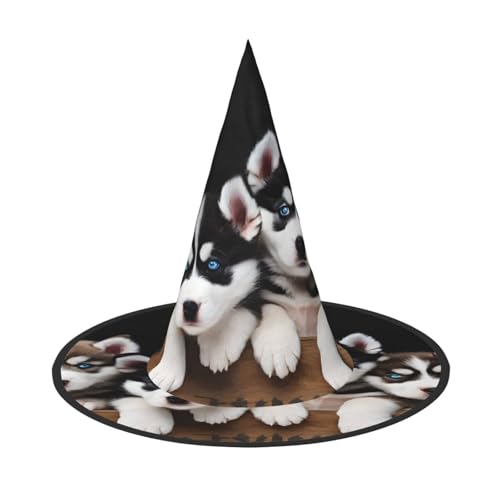 KFRXXZQB Husky-Welpen-Hunde-Druck, volle Abdeckung, Halloween-Hut – verstaubare Hexen-Kopfbedeckung für Festivals, Larp und Partys, 1 Stück von KFRXXZQB