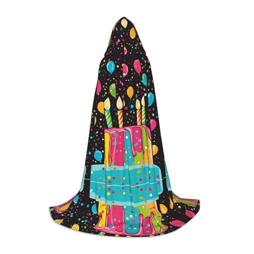 KFRXXZQB Kapuzenumhang mit Aufschrift "Happy Birthday", großer Kuchen, verstellbarer bedruckter Umhang für Halloween, Schultheater und Kostüme, Größe S von KFRXXZQB