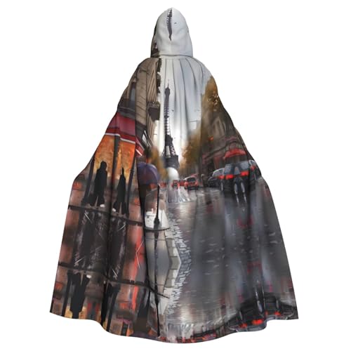 KFRXXZQB Regenstraße in Paris – bedruckter Halloween-Umhang für Erwachsene – verstellbarer Kapuzenumhang für Partys, Gothic-Events und Festivals, maschinenwaschbar von KFRXXZQB