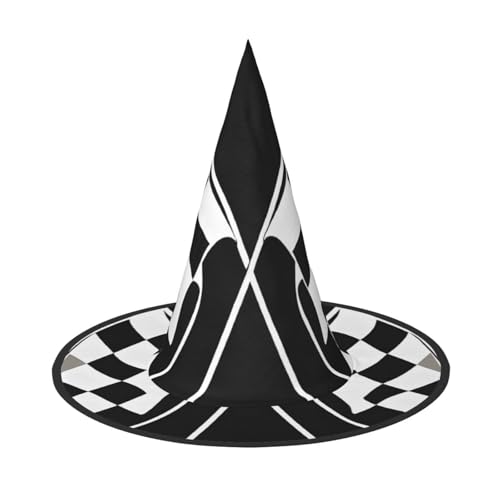 KFRXXZQB Schwarz-weiße Formel, karierte Flaggen, Druck, volle Abdeckung, Halloween-Hut, verstaubare Hexen-Kopfbedeckung für Festivals, Larp und Partys, 1 Stück von KFRXXZQB