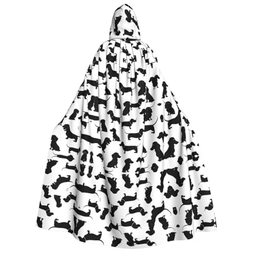 KFRXXZQB Schwarzer Hunde-Umhang mit Dackel-Motiv, Erwachsenen-Halloween-Umhang mit Kapuze, vollständiger Druck, Gothic-Umhang für Festivals, Larp-Events und Motto-Partys, mit maschinenwaschbarem Stoff von KFRXXZQB