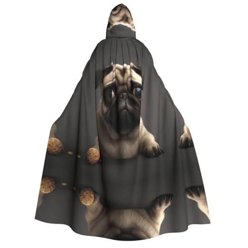 KFRXXZQB Süßer hübscher Mops-Hunde-Aufdruck, Halloween-Umhang mit Kapuze, vollständiger Druck, Gothic-Umhang für Festivals, Larp-Events und Motto-Partys, mit maschinenwaschbarem Stoff von KFRXXZQB