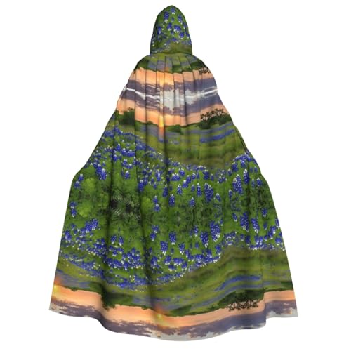 KFRXXZQB Texas Bluebonnets Scenery – Erwachsenen-Halloween-Umhang mit Kapuze – vollständiger Druck, Gothic-Umhang für Festivals, Larp-Events und Themenpartys mit maschinenwaschbarem Stoff von KFRXXZQB