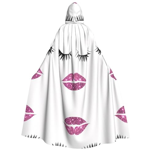 KFRXXZQB Weißer Wimpern-Lippen-Aufdruck, Halloween-Umhang mit Kapuze für Erwachsene, vollständiger Druck, Gothic-Umhang für Festivals, Larp-Events und Motto-Partys, mit maschinenwaschbarem Stoff von KFRXXZQB