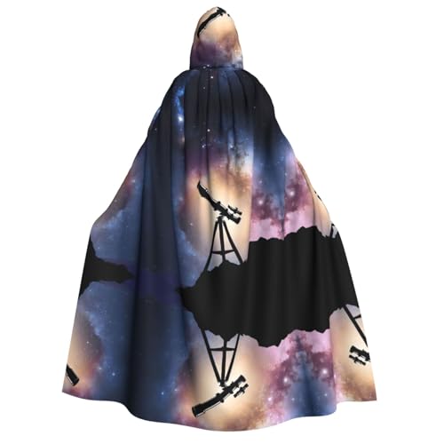 KFRXXZQB Weltraum-Galaxie mit Teleskop-Druck für Erwachsene, Halloween-Umhang mit Kapuze, vollständiger Druck, Gothic-Umhang für Festivals, Larp-Events und Themenpartys, mit maschinenwaschbarem Stoff von KFRXXZQB